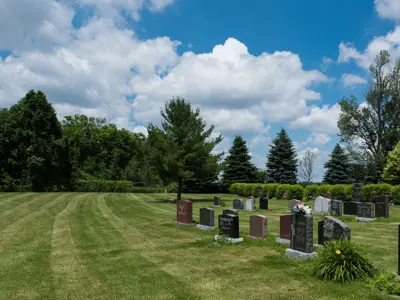 large open field with gravestones and trees