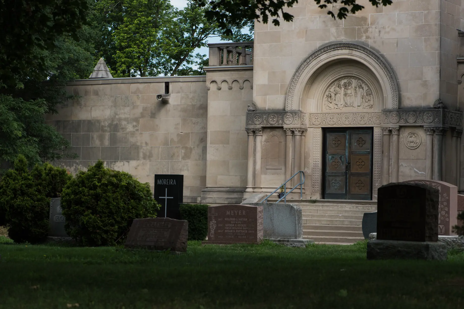 Front of a stone mausoleum